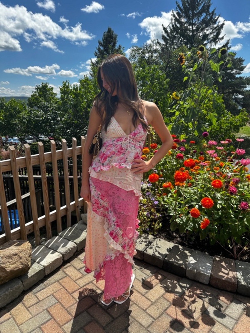 For Love & Lemons Nuuly Rosalyn Maxi Dress Pink Coral Lace Floral Small